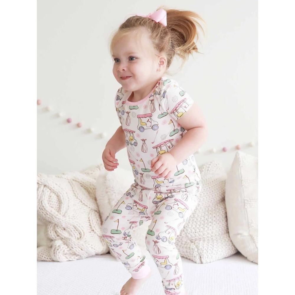 Caden Lane Girl's Bamboo Golf Cart Pajamas PJ Set, Country Club Cuties Pink 5/6